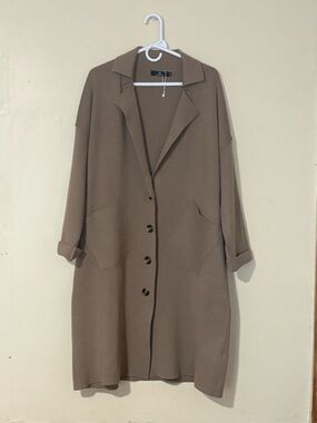 Long Taupe Varsity-Style Coat with Button Front